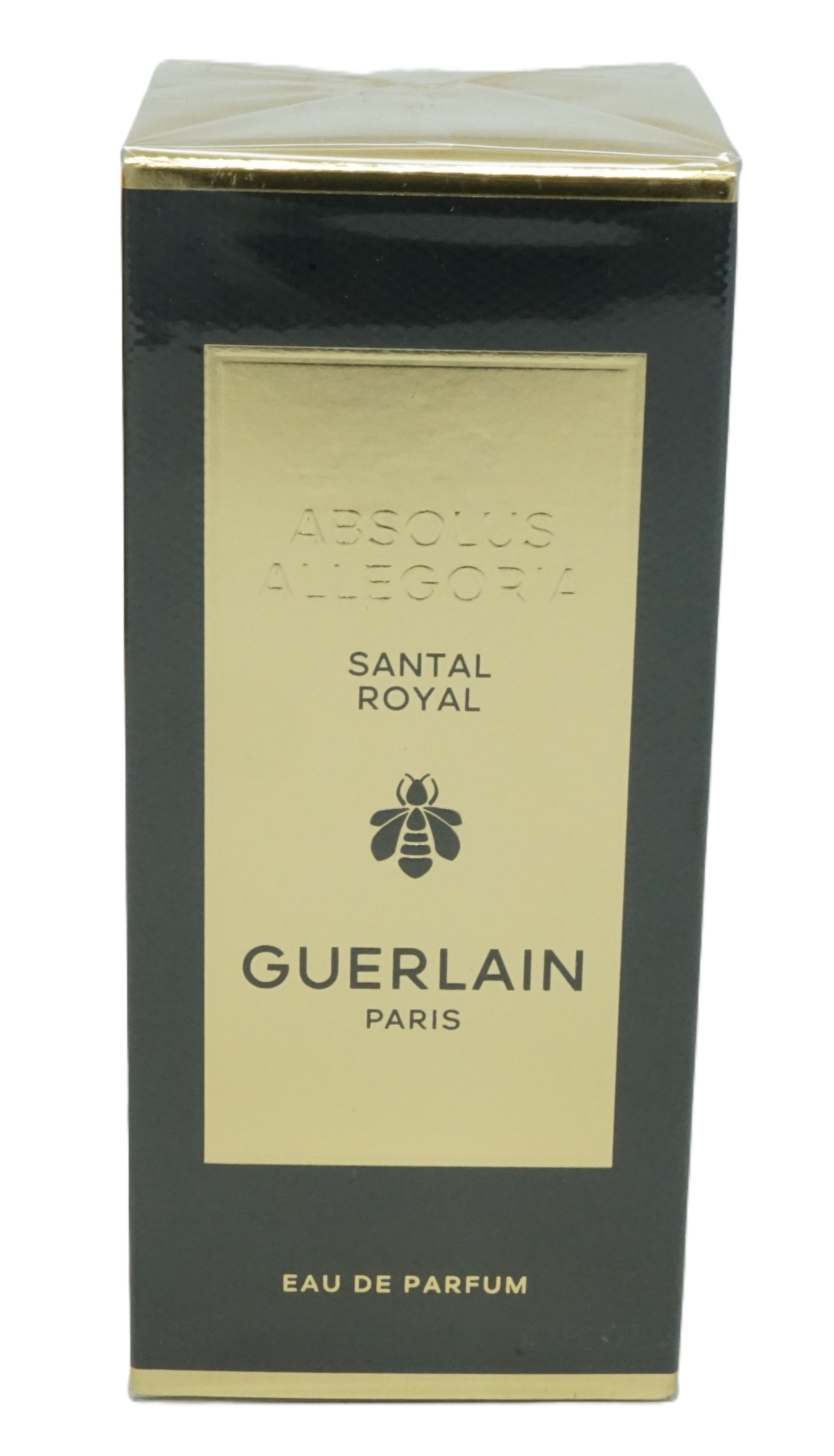 Zwarte verpakking met gouden etiket. Opschrift Absolus Allegoria, Santal Royal, Guerlain Paris.