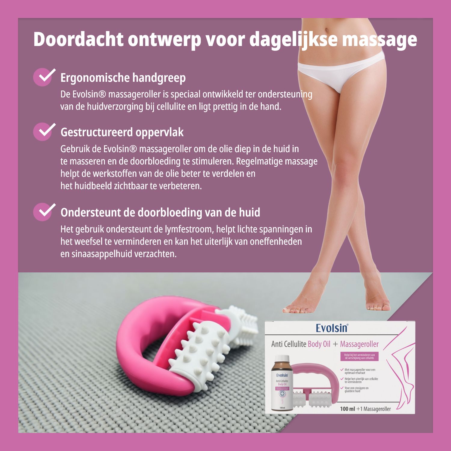 Verpakking met oliefles en roller. Opschrift: Anti Cellulite Öl + Massageroller.
