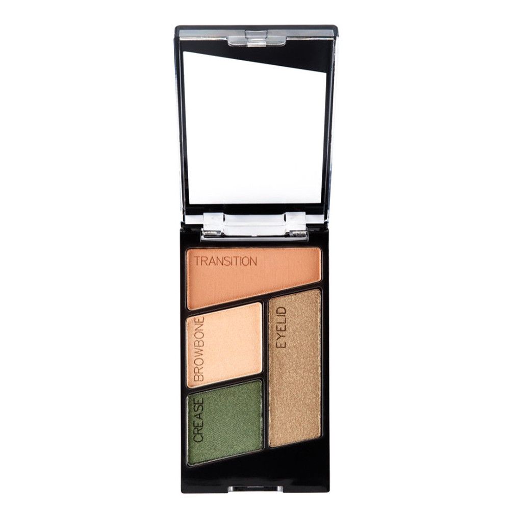 Oogschaduw quad met spiegel. Vier kleuren: Transition, Browbone, Crease, Eyelid. Zwarte verpakking.