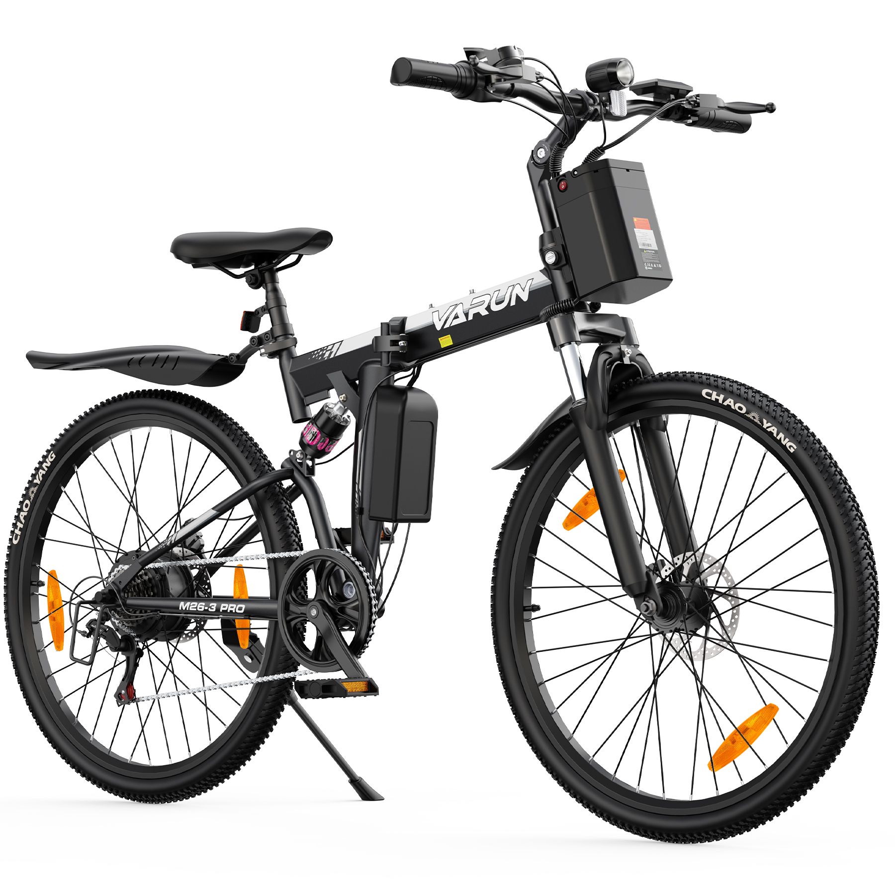 Vélo pliant noir avec batterie, logo VARUN. Accessoires: feu arrière, antivol spirale, pompe, support téléphone.