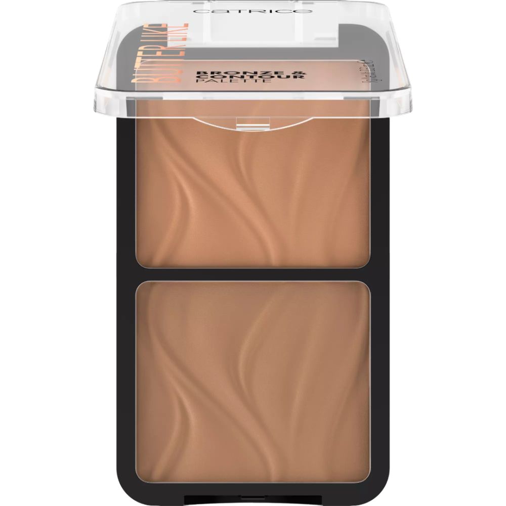 Gezichtspalet met twee bronzer- en contourkleuren. Zwart frame, transparante deksel. Merk Catrice.