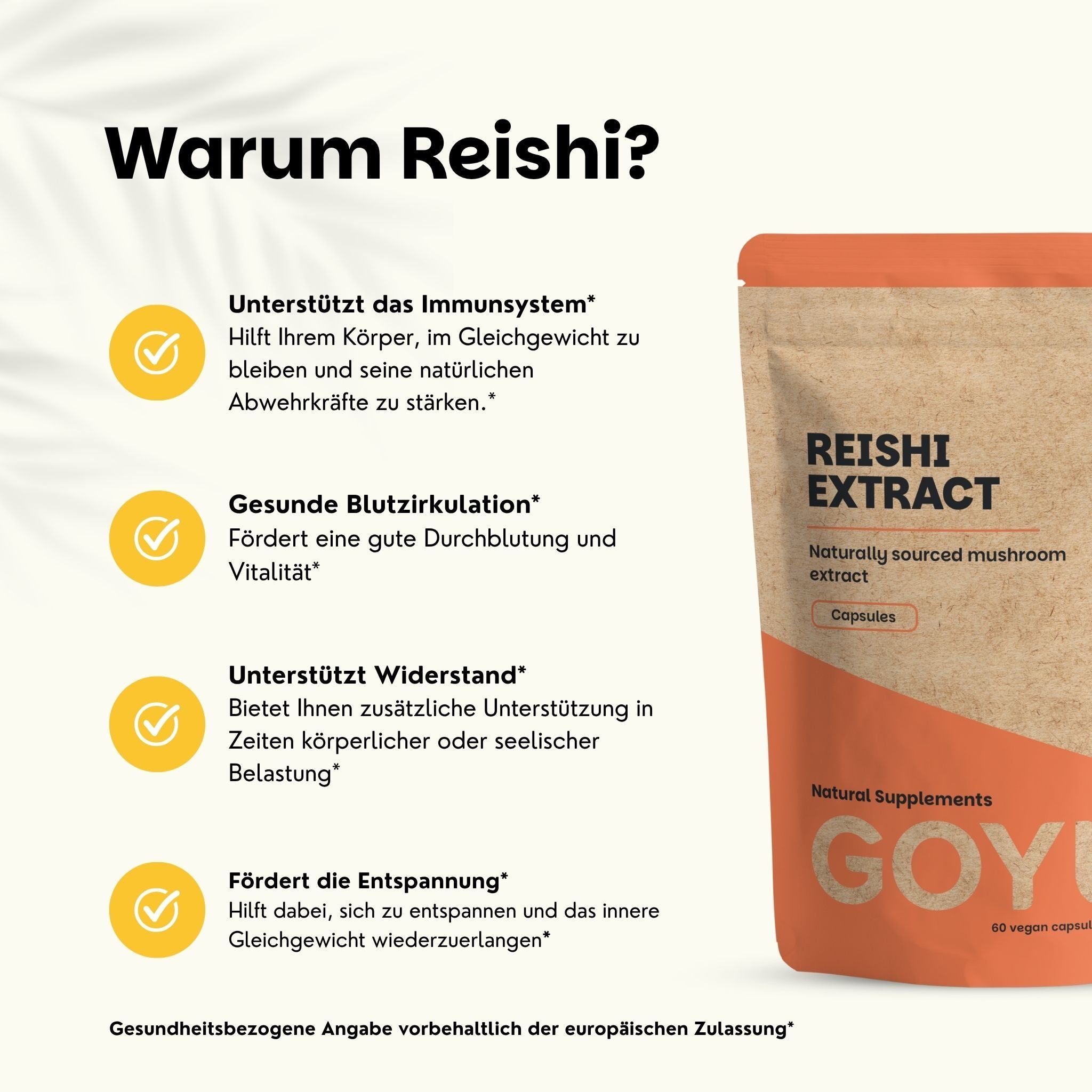 Stand-up pouch met opschrift Reishi Extract, bevat capsules.