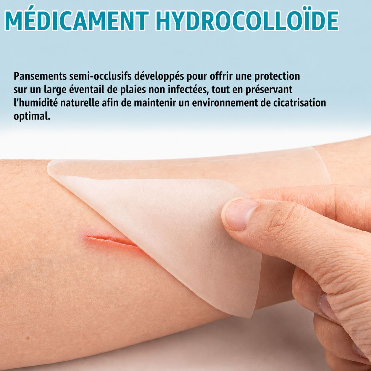 Pansement hydrocolloïde appliqué sur une plaie.