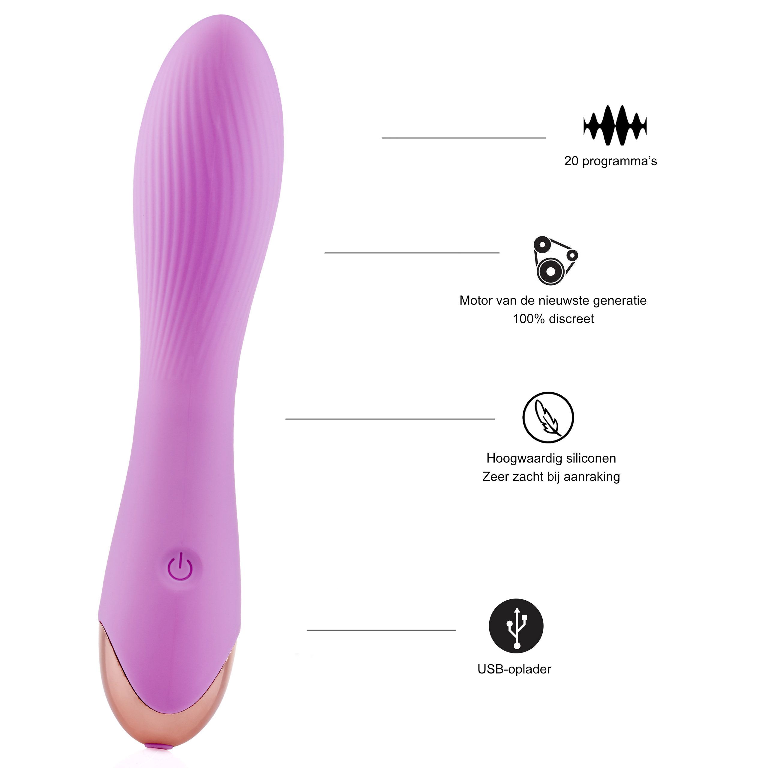 Paarse vibrator met 20 programma's, discrete motor, siliconen en USB-oplader.
