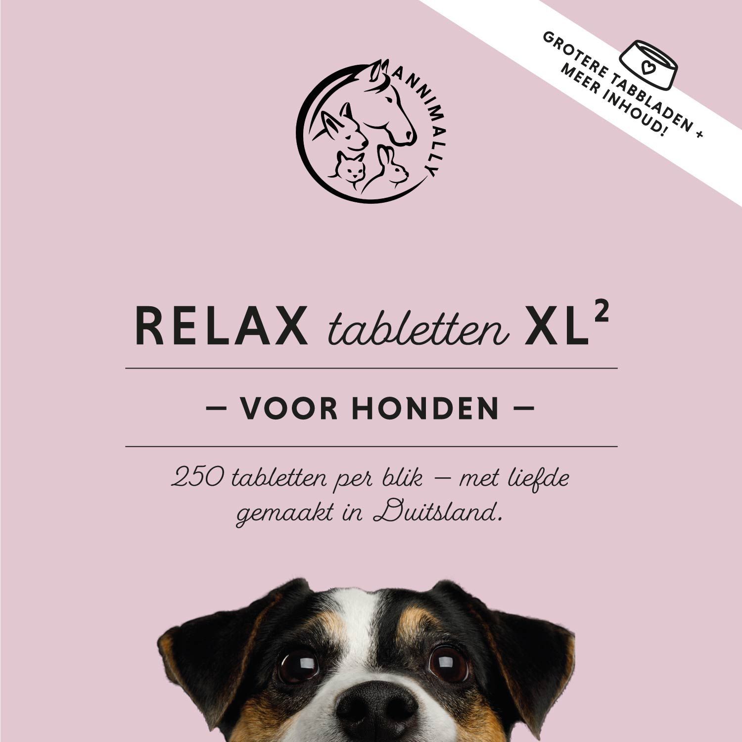 Roze achtergrond met tekst: RELAX tabletten XL². 250 tabletten per blik. Logo en hond.