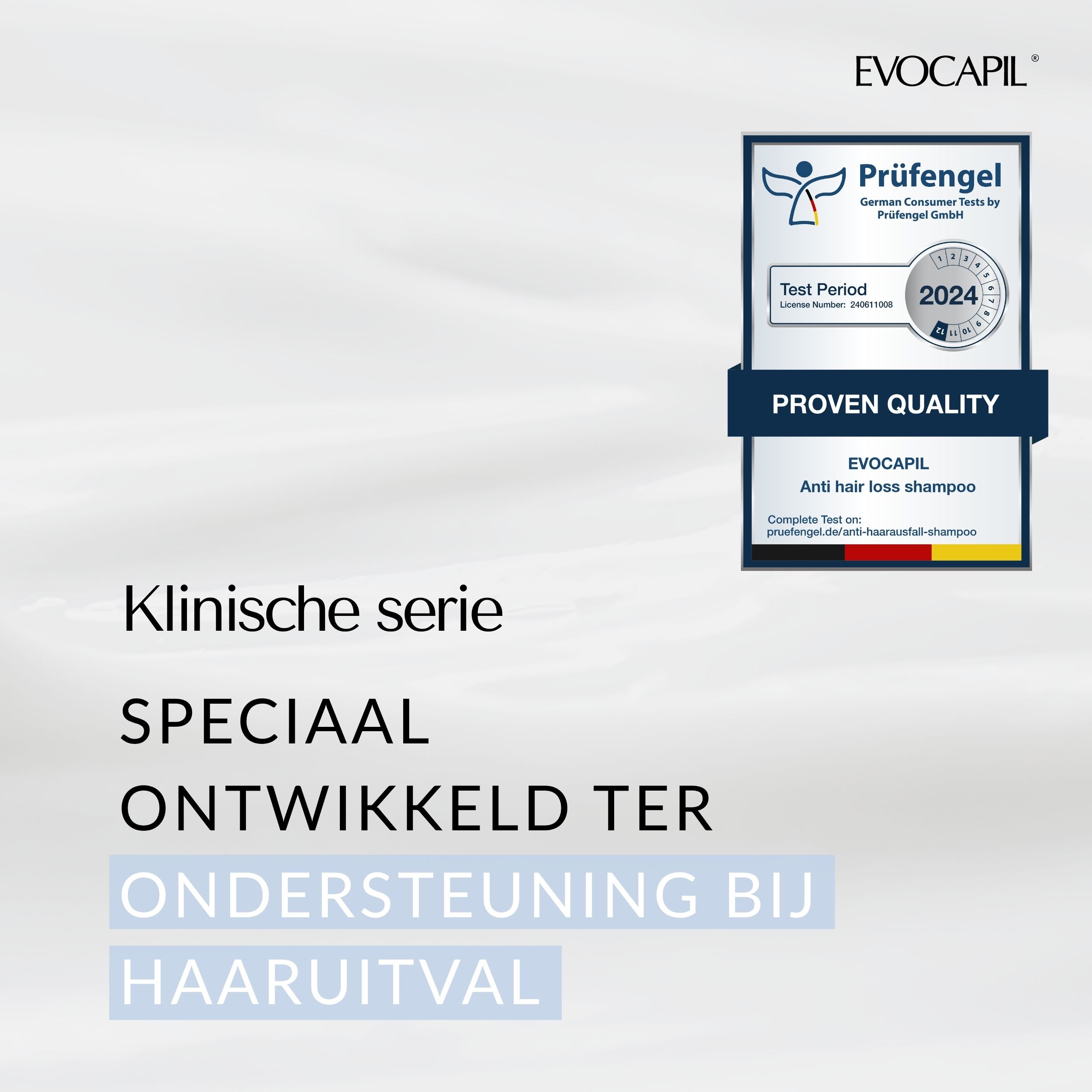 Certificatie logo 'Gegarandeerde kwaliteit' met tekst en jaartal 2024. Evocapil Anti-haaruitval shampoo.