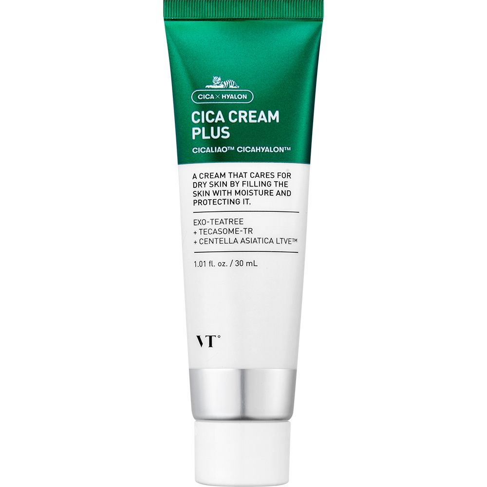 Tube de Cica Cream Plus. Tube vert et blanc avec nom et ingrédients. Inscription : Cicaliao, CicaHyalon.