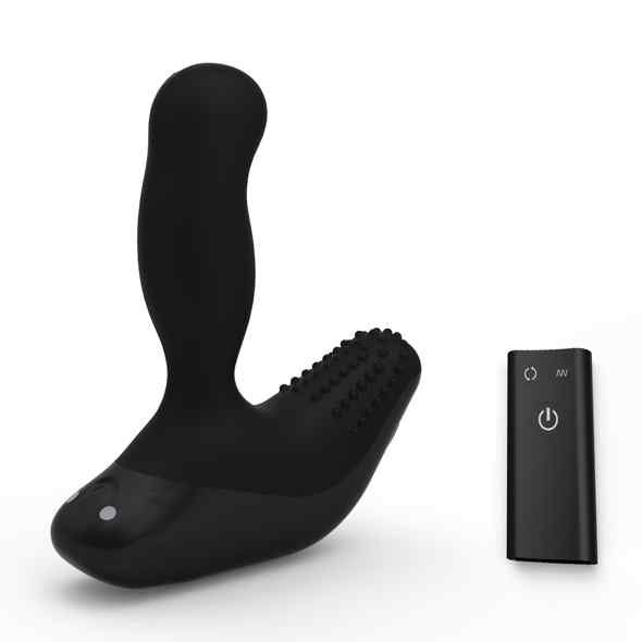 Produit de bien-être noir, ergonomique, avec zone texturée. Comprend une télécommande avec trois boutons.