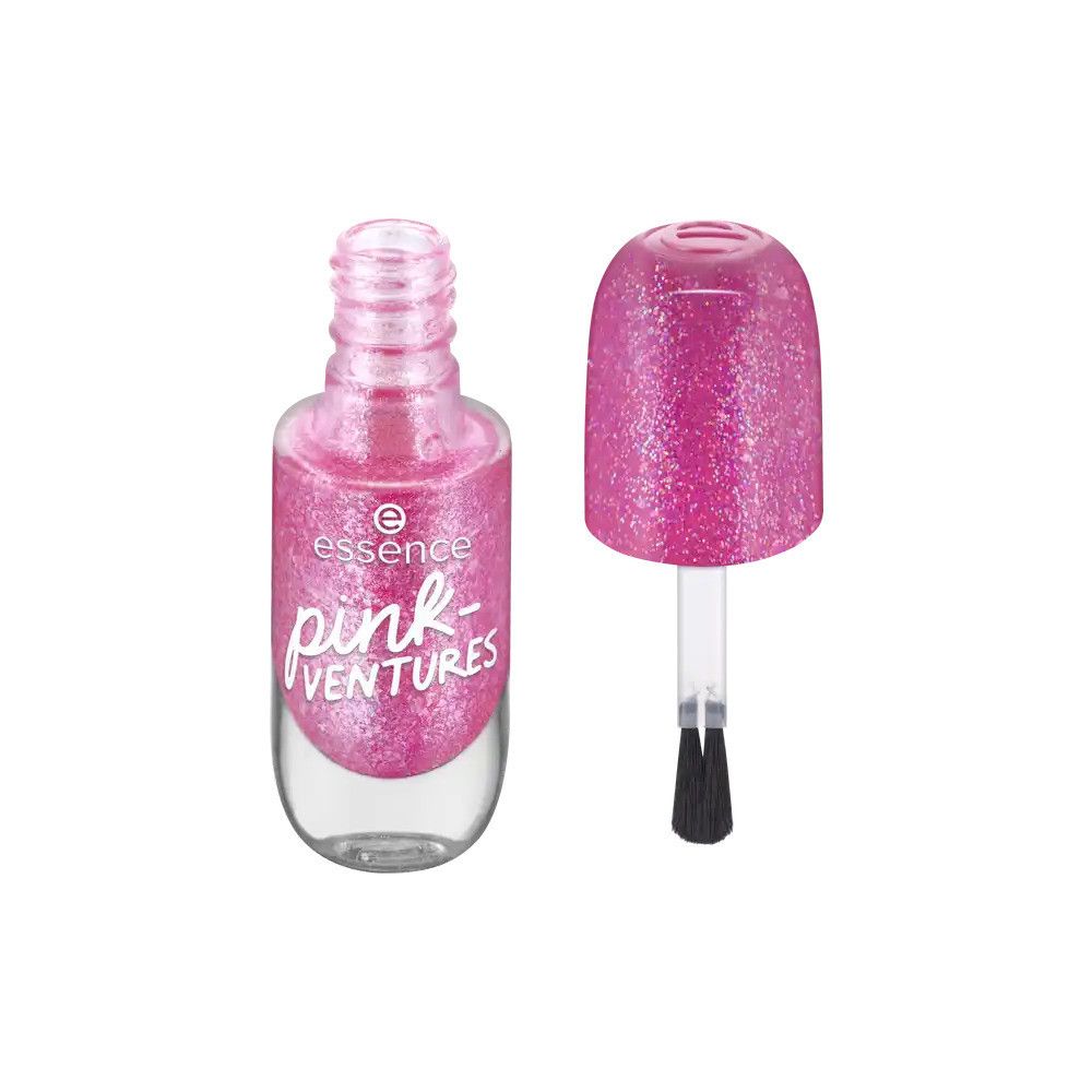Flacon de vernis à ongles ouvert avec pinceau. Vernis à ongles rose pailleté. Marque : Essence. Inscription : pink-ventures.