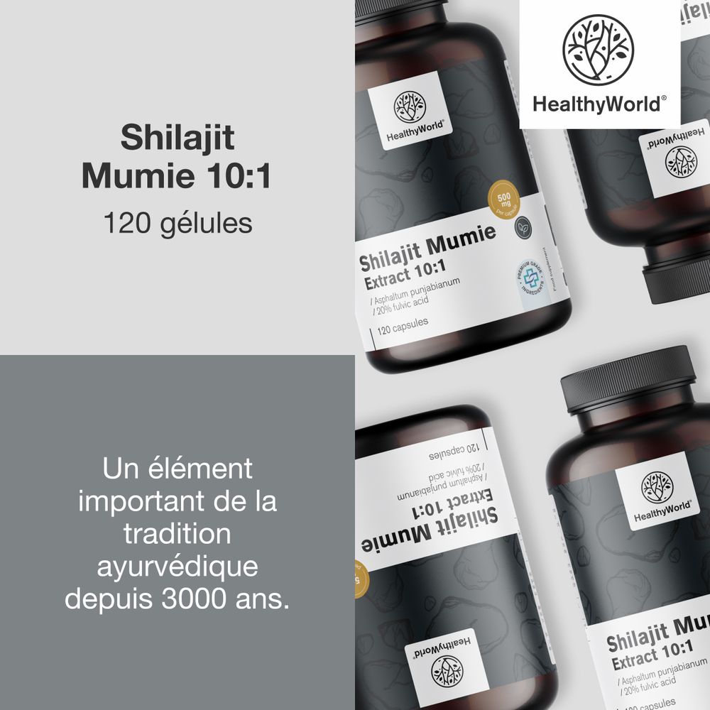 Plusieurs flacons Shilajit Mumie 10:1. 120 gélules. Marque: HealthyWorld. Texte: Élément important de la tradition ayurvédique.