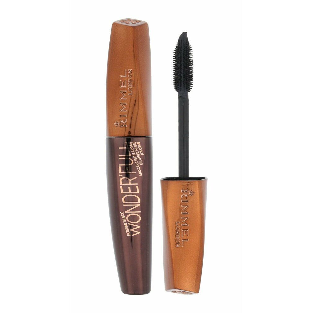 Mascara met borstel. Donkerbruine huls met gouden dop. Opschrift: Rimmel Wonder'full Extreme Black.