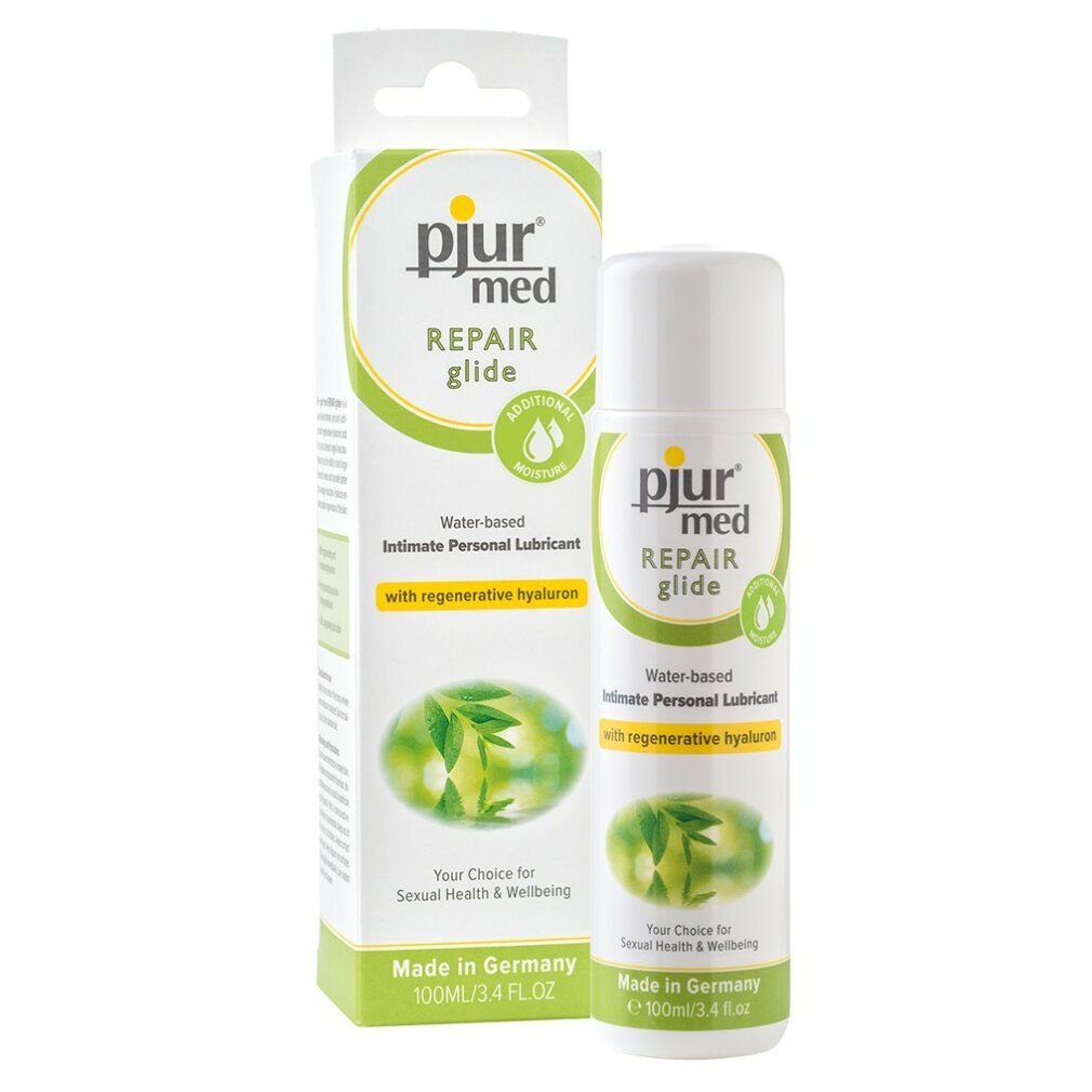 Bouteille et boîte Pjur Med Repair Glide. Lubrifiant à base d'eau avec hyaluron.