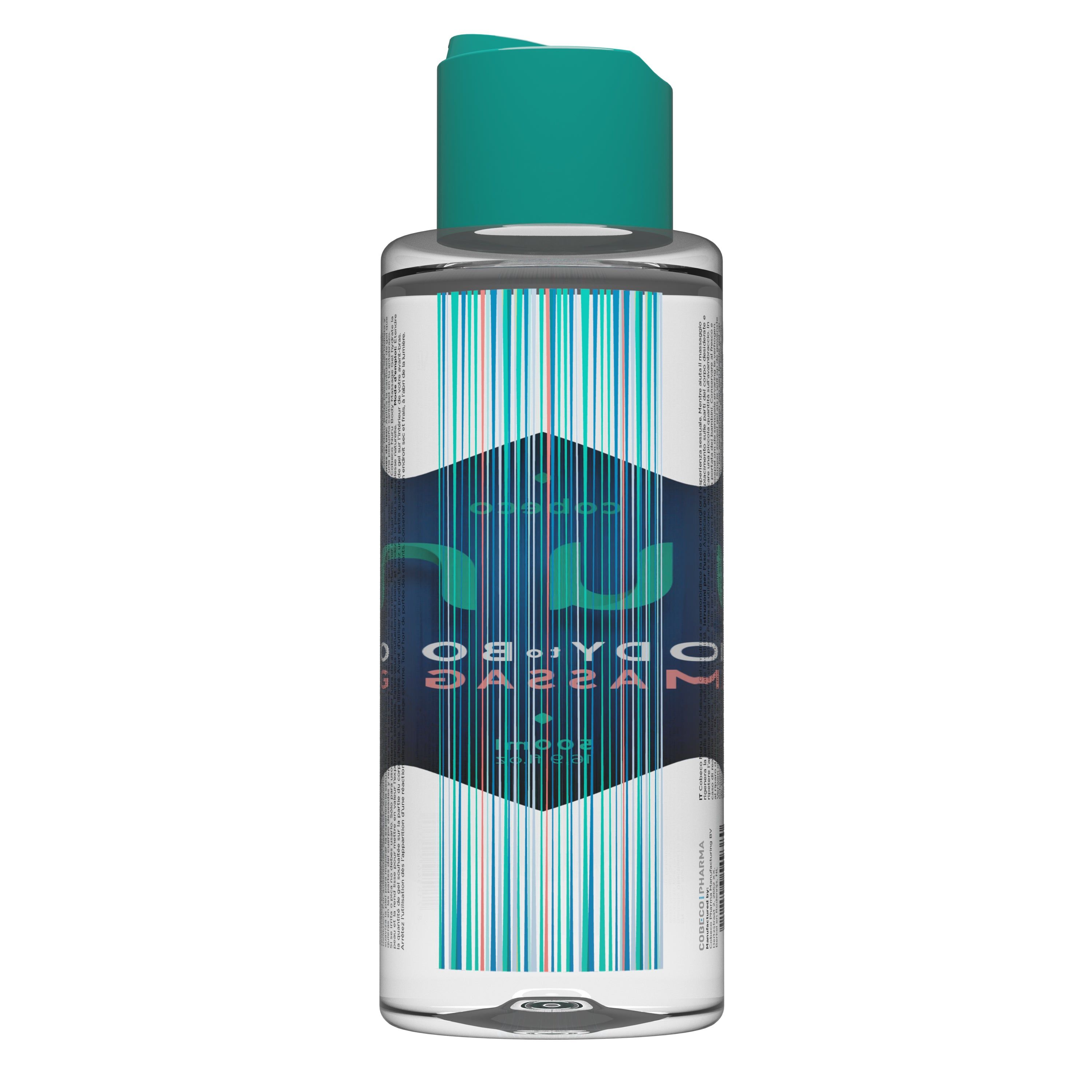 Transparante fles met groene dop. Etiket met naam en logo. Tekst: Nuru Body to Body Massage. Verticale strepen.