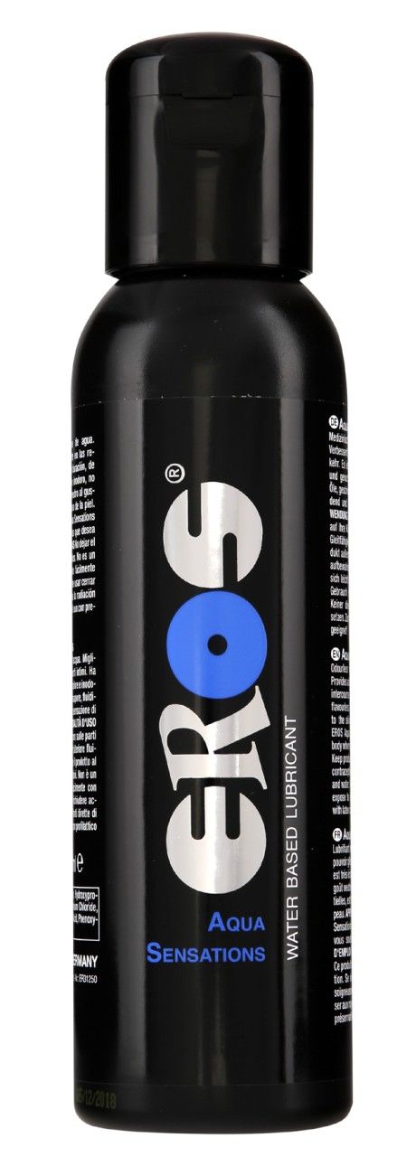 Eros Aqua Sensations glijmiddel op waterbasis in een zwarte fles met fliptopdeksel.