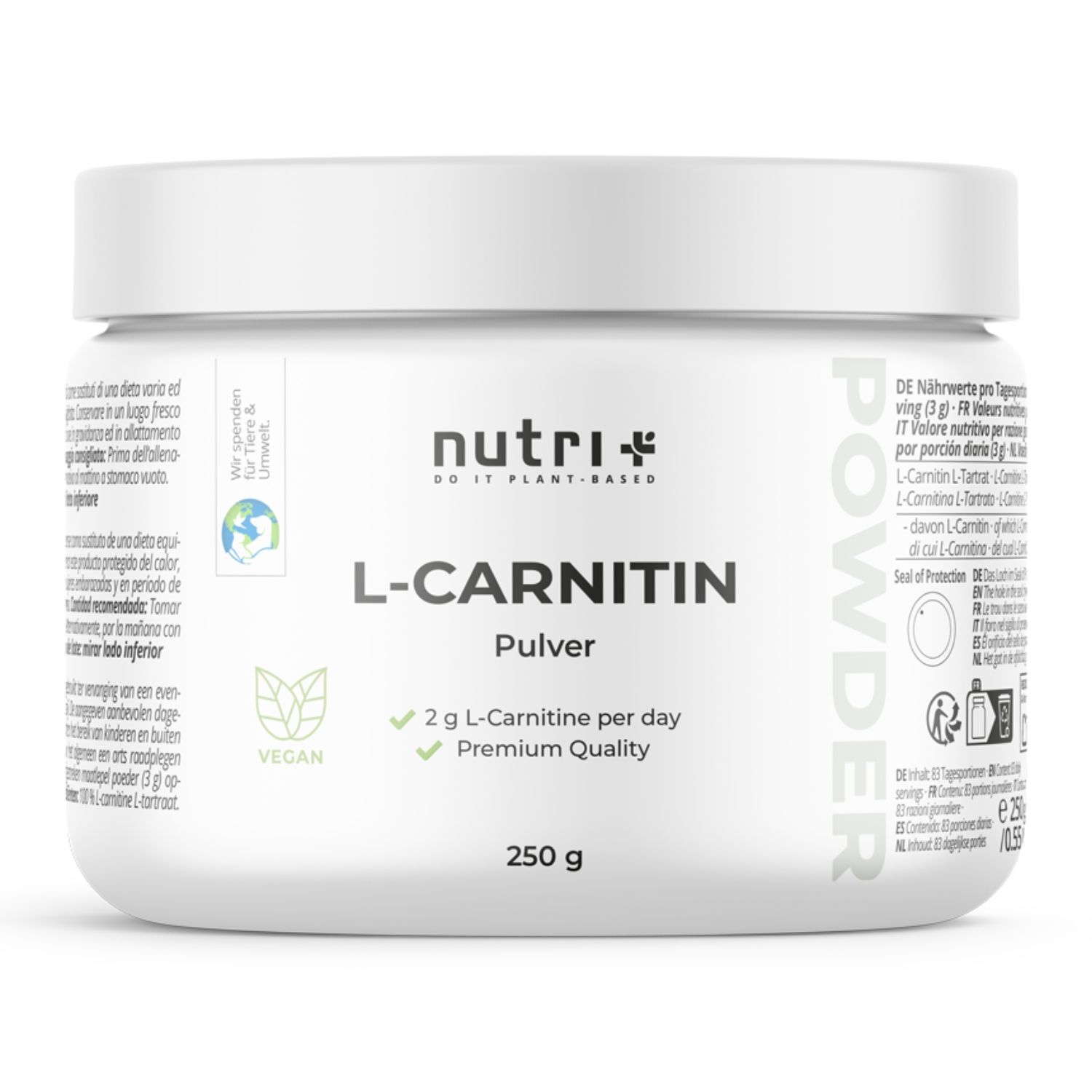 Witte pot met L-Carnitine poeder, 250g. Bevat veganistisch zegel en kwaliteitskenmerken.
