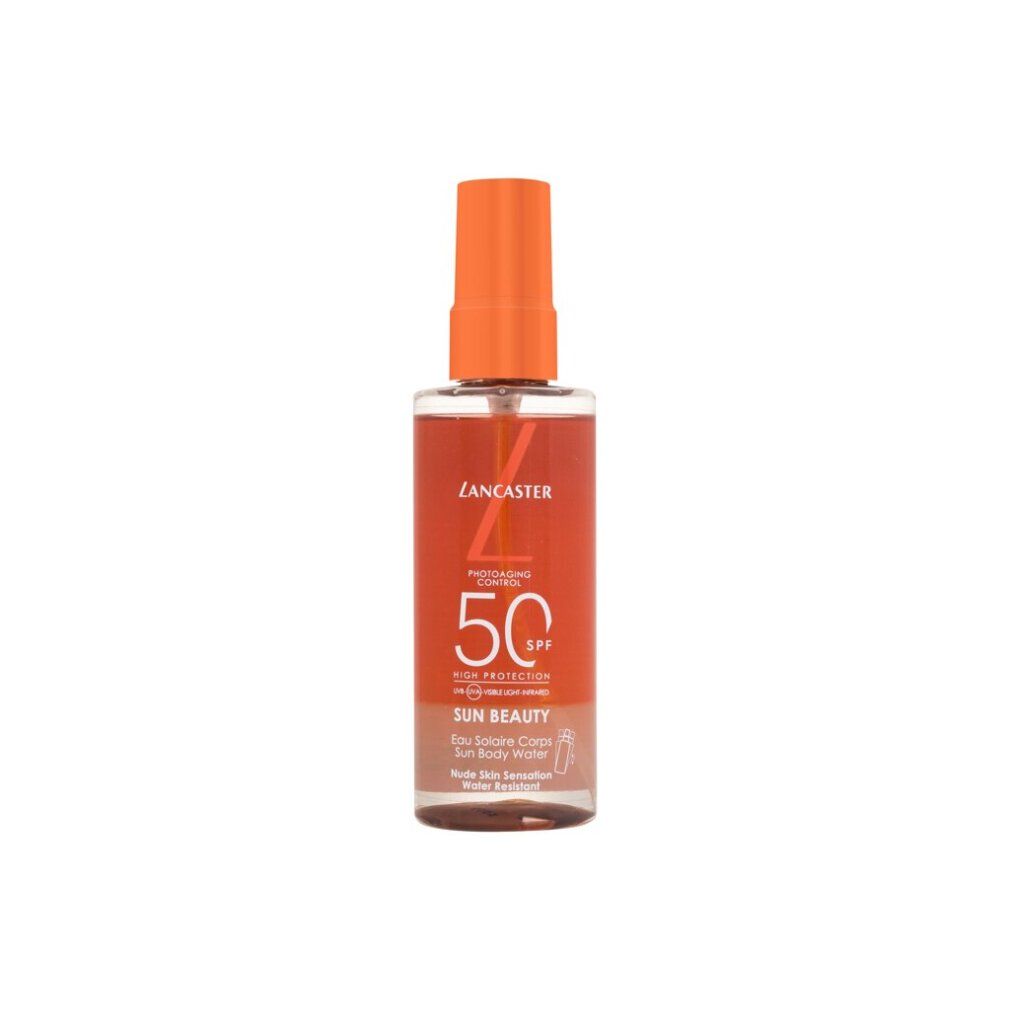 Lancaster Sun Beauty Eau du Corps Solaire SPF50 Spray. Spray à tête orange, flacon transparent dégradé orange-beige.