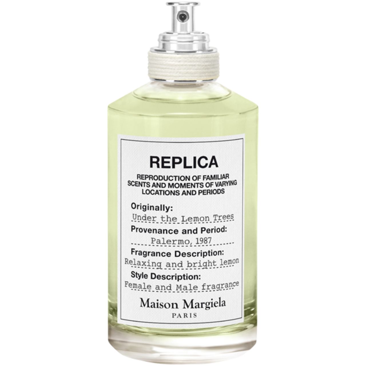 Parfumfles met wit etiket. Opschrift: Replica Under the Lemon Trees. Maison Margiela Paris.