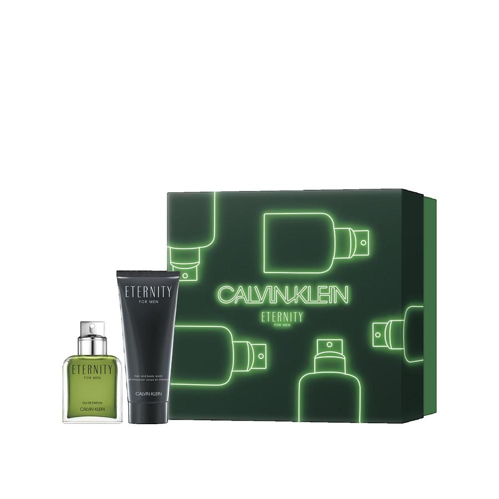Cadeauset Calvin Klein Eternity. Bevat fles, tube en groene doos met contouren van flacons. Opschrift Calvin Klein.