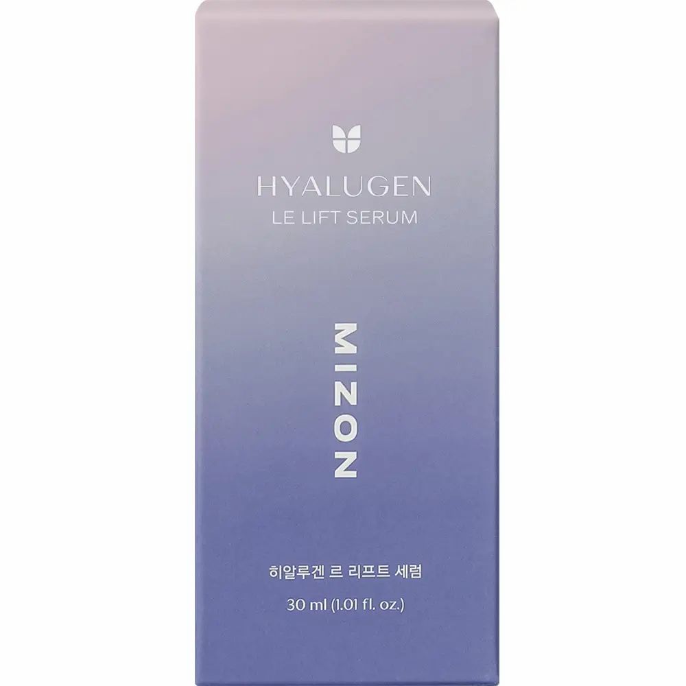 Productverpakking. Opschrift: HYALUGEN LE LIFT SERUM, MIZON. Kleurovergang van roze naar blauw.