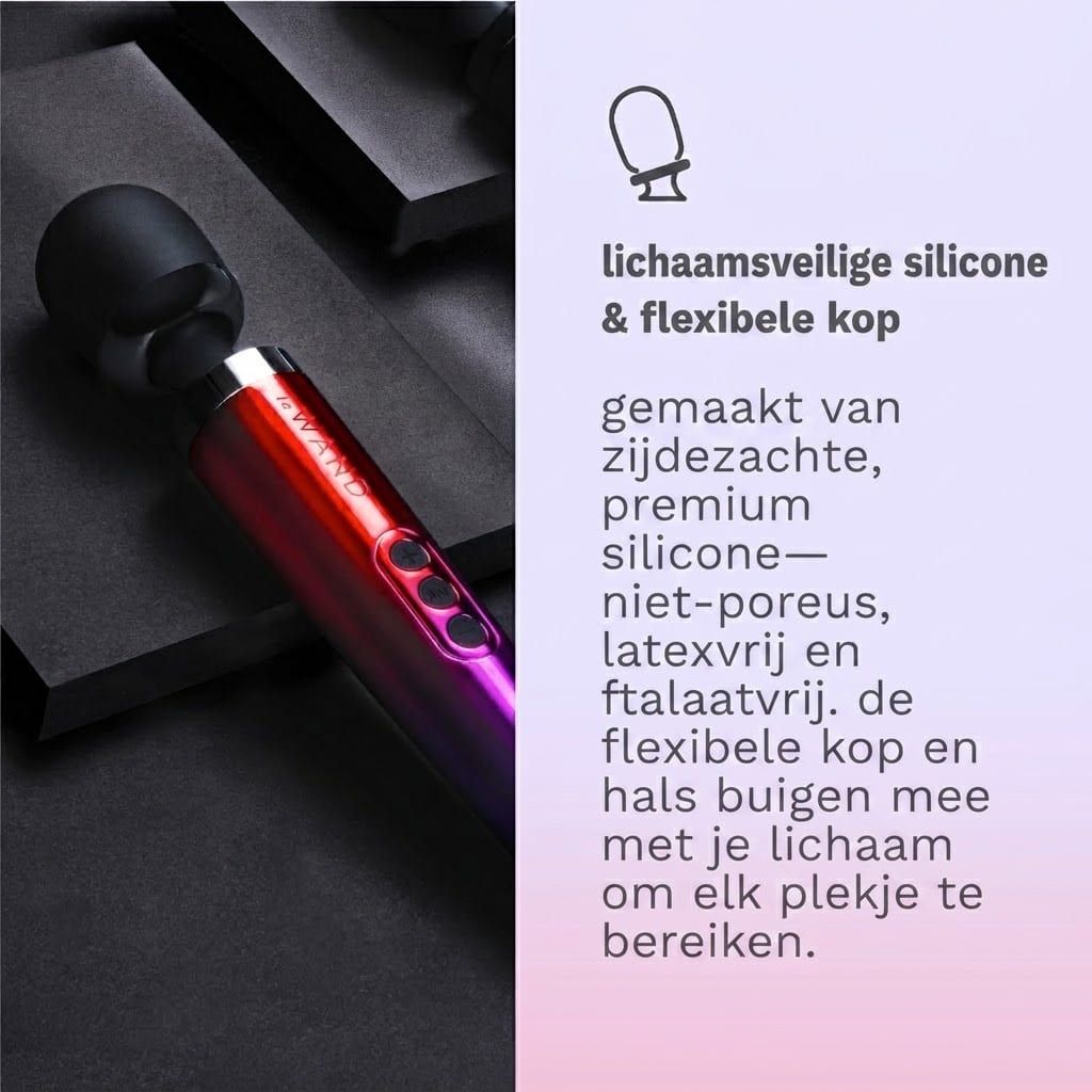 Gegoten massagestaaf, rood-paars, met adapter en kabel.