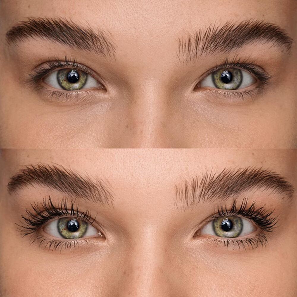 Deux photos d'yeux. En haut : cils non maquillés. En bas : cils avec mascara.
