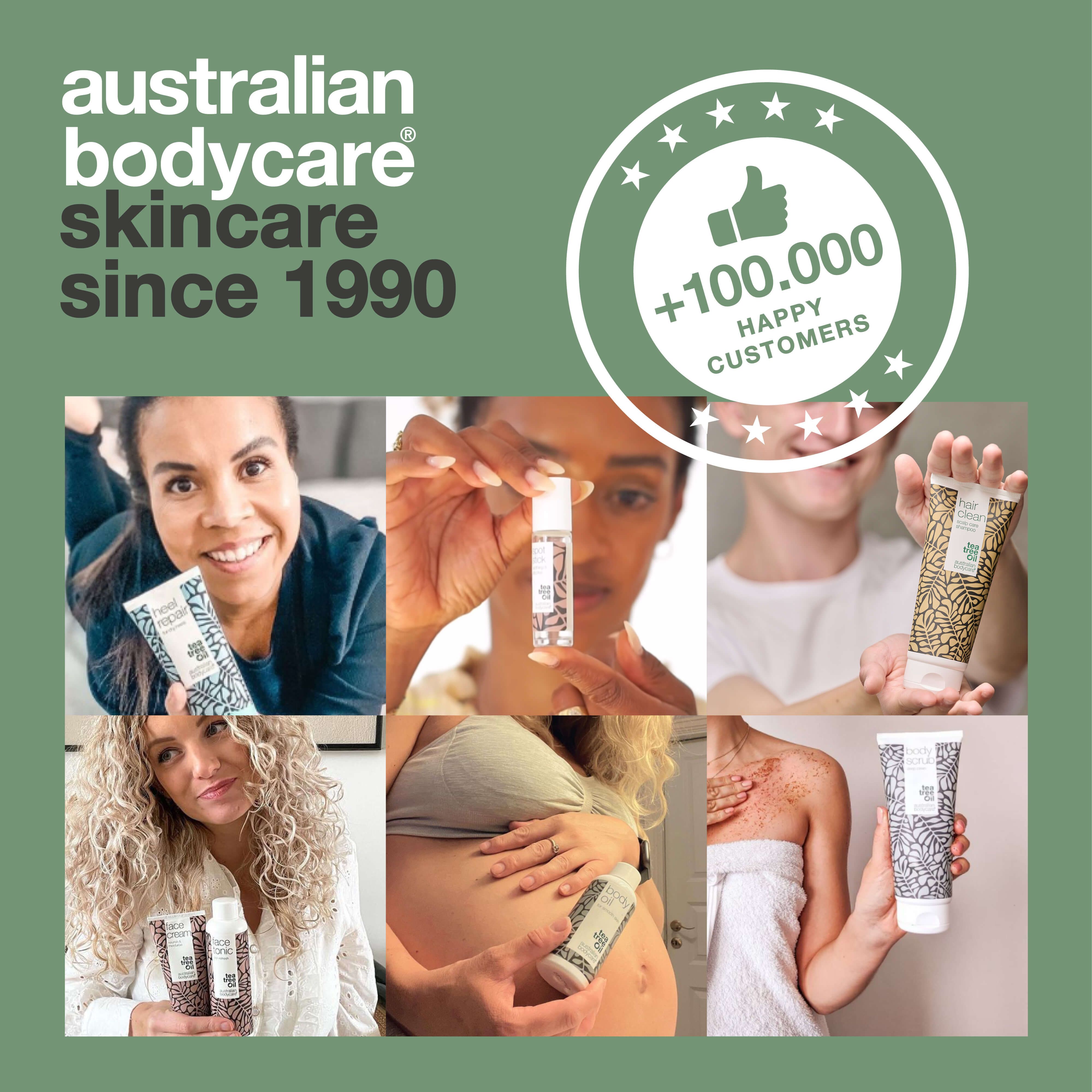 Collage van mensen en producten. Tekst: Australian Bodycare Skincare sinds 1990. +100.000 tevreden klanten.