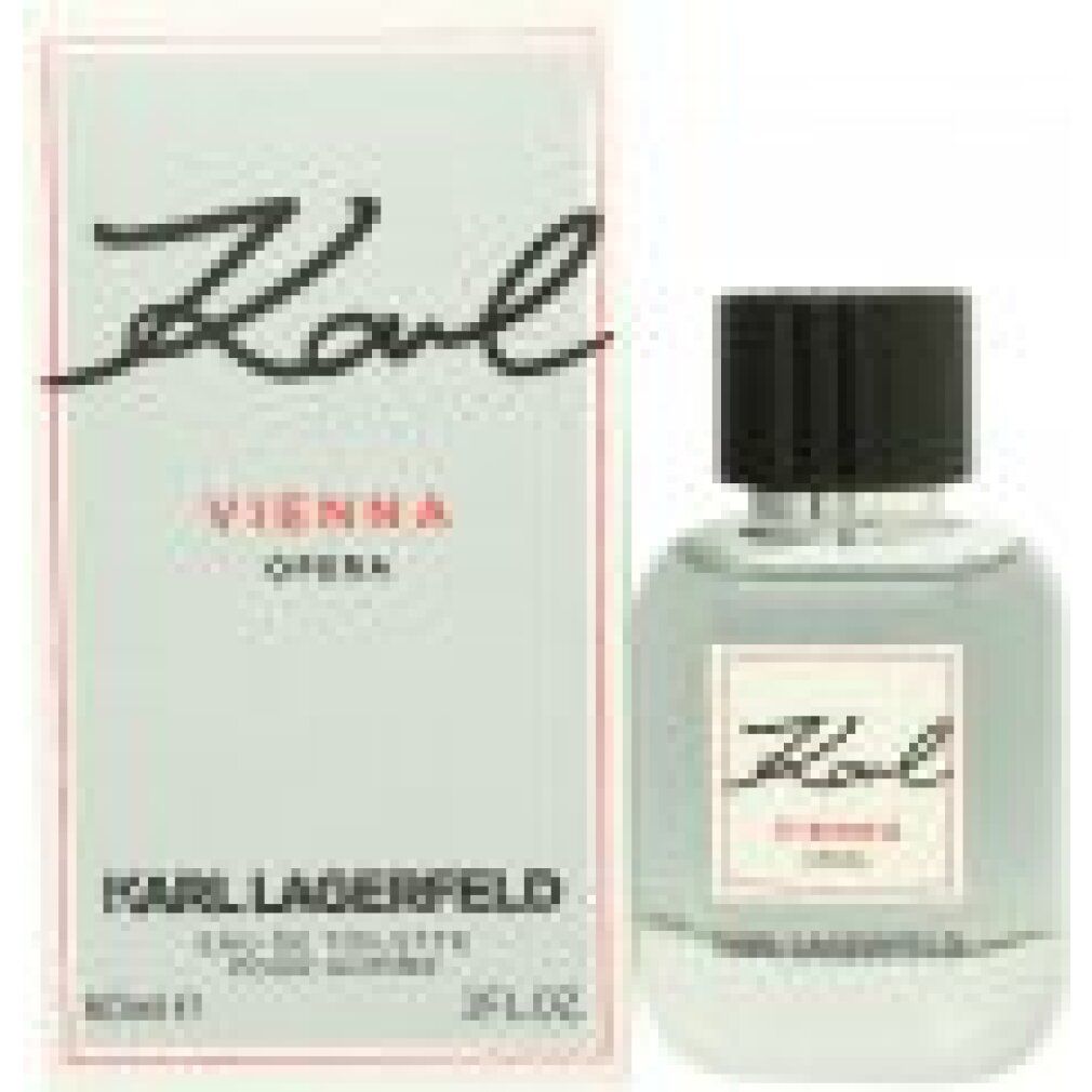Flacon et emballage. Flacon avec bouchon noir et étiquette rouge. Emballage avec Karl Vienna Opera et Karl Lagerfeld.