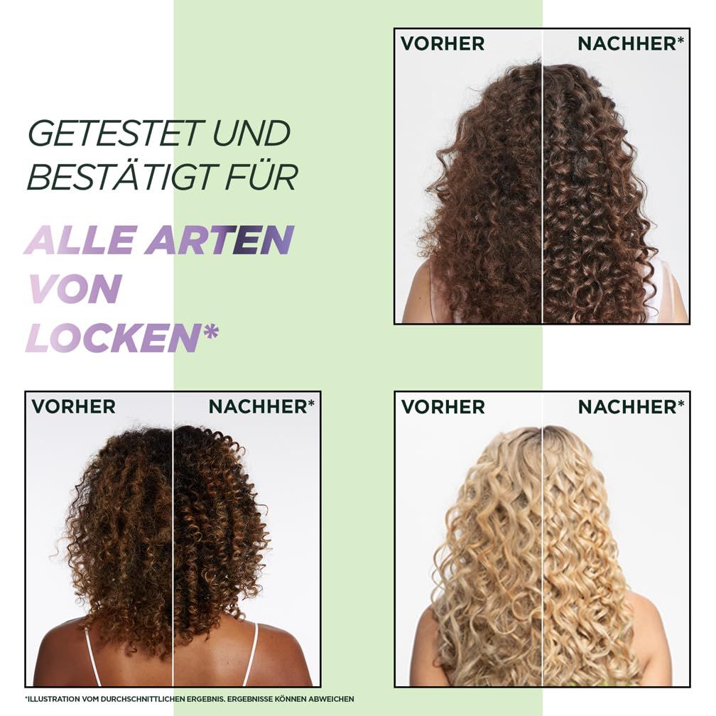 Comparaison avant-après de cheveux bouclés. Texte: Testé et approuvé pour tous types de boucles.