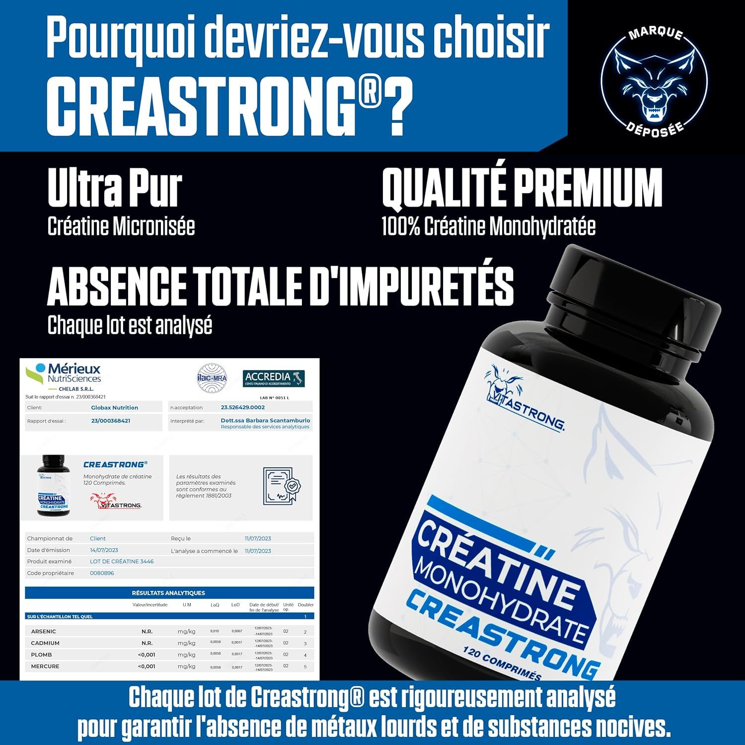 Zwarte fles met wit etiket. Tekst: Creatine Monohydrate Creastrong, 120 tabletten. Analyseresultaten.