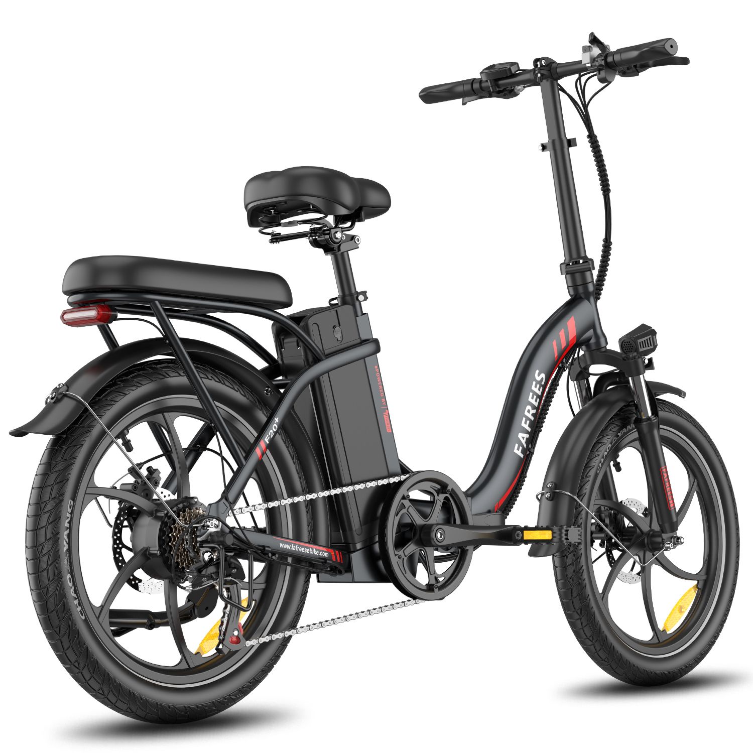 Vélo électrique pliable Fafrees F20+ noir. Visible : selle, porte-bagages, batterie, garde-boue, jantes avec liseré rouge.