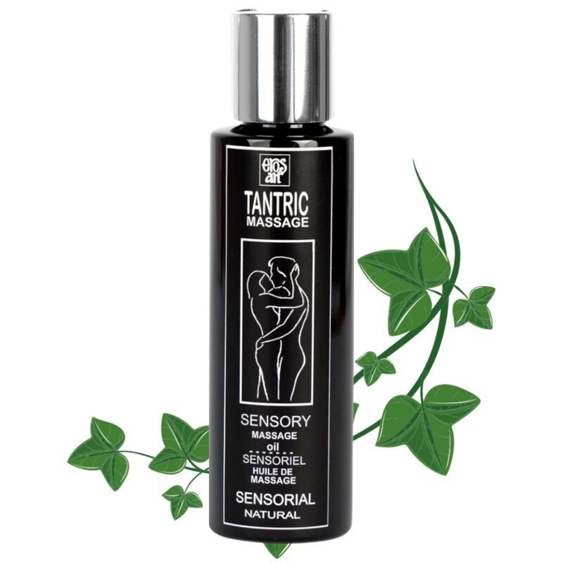 Bouteille noire d'huile de massage tantrique, bouchon argenté. Illustration d'un couple.