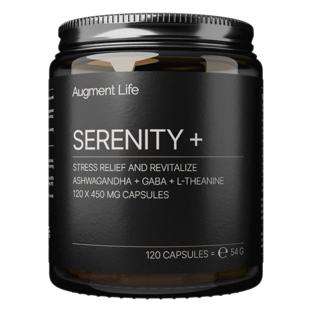 Contenant noir avec capsules Augment Life Serenity+. Contient Ashwagandha, GABA, L-Théanine. 120 capsules.