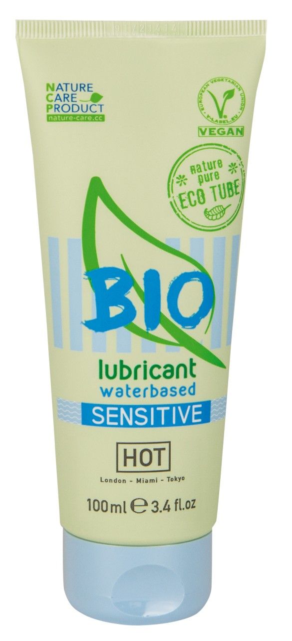 BIO Sensitive glijmiddel, waterbasis, 100ml tube. Blad- en golfpatroon.