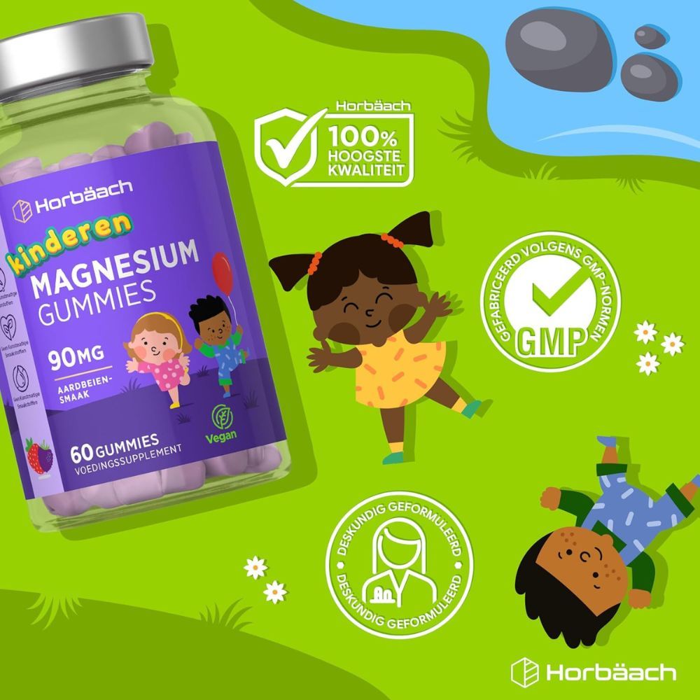Horbaach Kinder Magnesium Gummies. Paarse fles met gummies. 60 gummies, 90mg, aardbeiensmaak. Vegan.