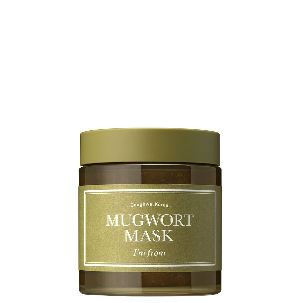 Pot de Mugwort Mask. Inscription : I'M FROM Mugwort Mask. Pot brun, couvercle et étiquette verts.