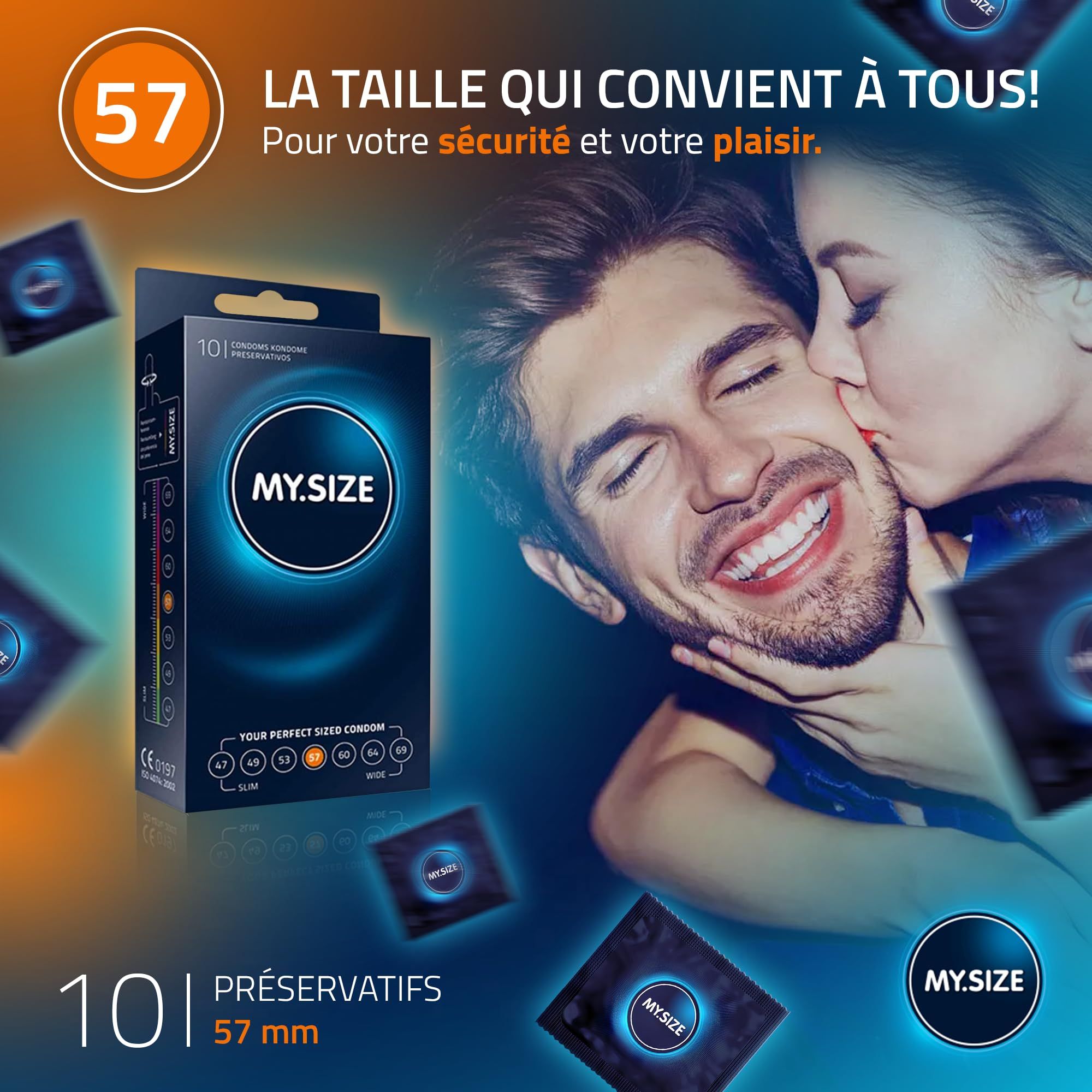 Boîte de 10 préservatifs MY.SIZE 57. "La taille qui convient à tous!" pour votre sécurité et plaisir.