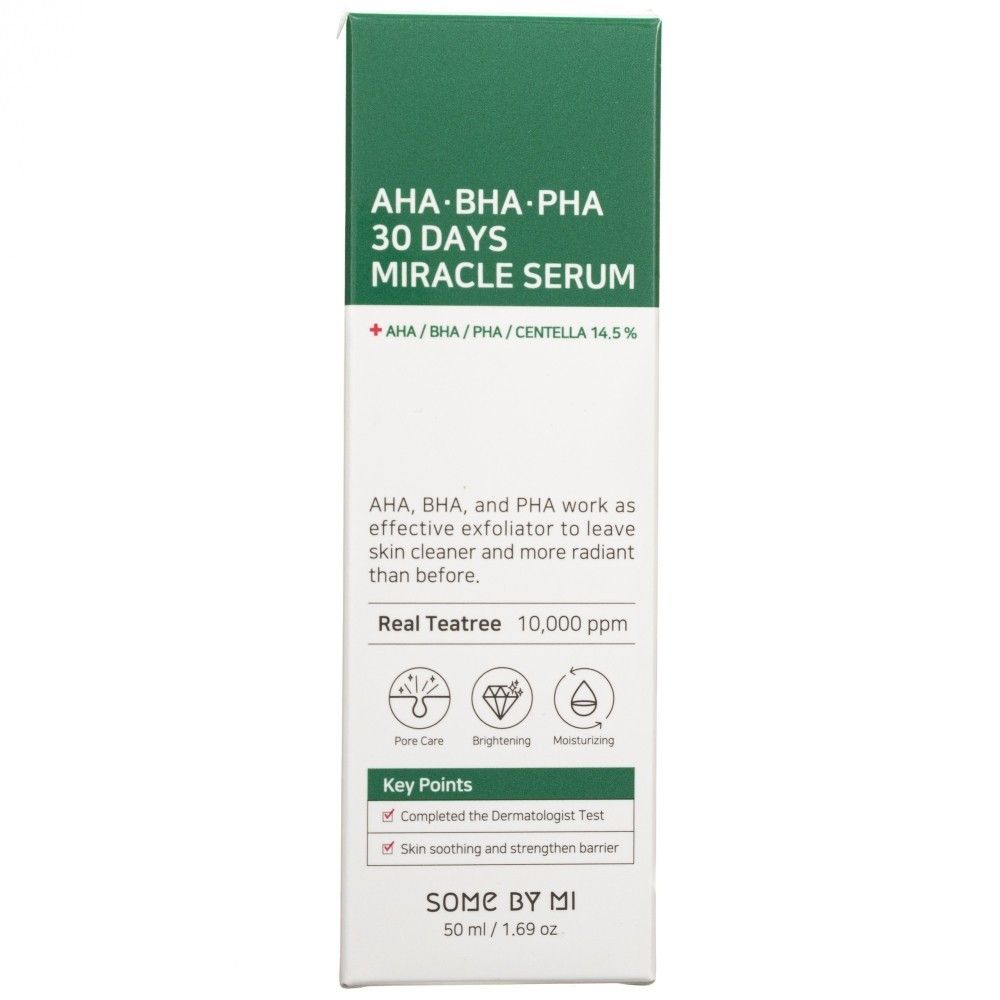 Verpakking van SOMEBYMI AHA-BHA-PHA 30 Days Miracle Serum met productinformatie en iconen.