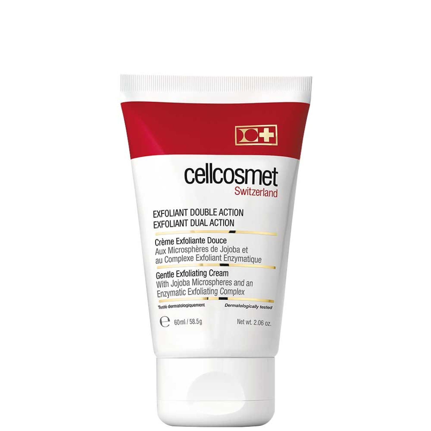 Tube blanc et rouge avec textes. Inscription: Cellcosmet, Exfoliant Double Action. Cosmétiques suisses.