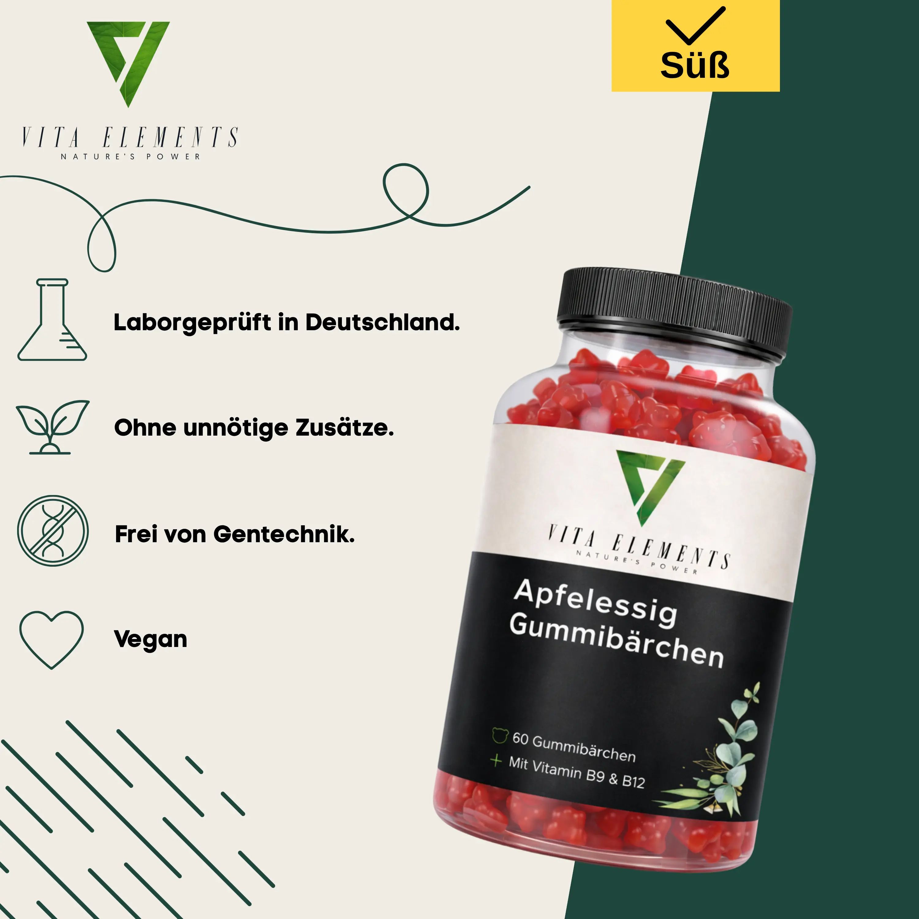 Fles met appelcidergummies, omringd door iconen voor laboratoriumtest, zonder toevoegingen, GGO-vrij en vegan.