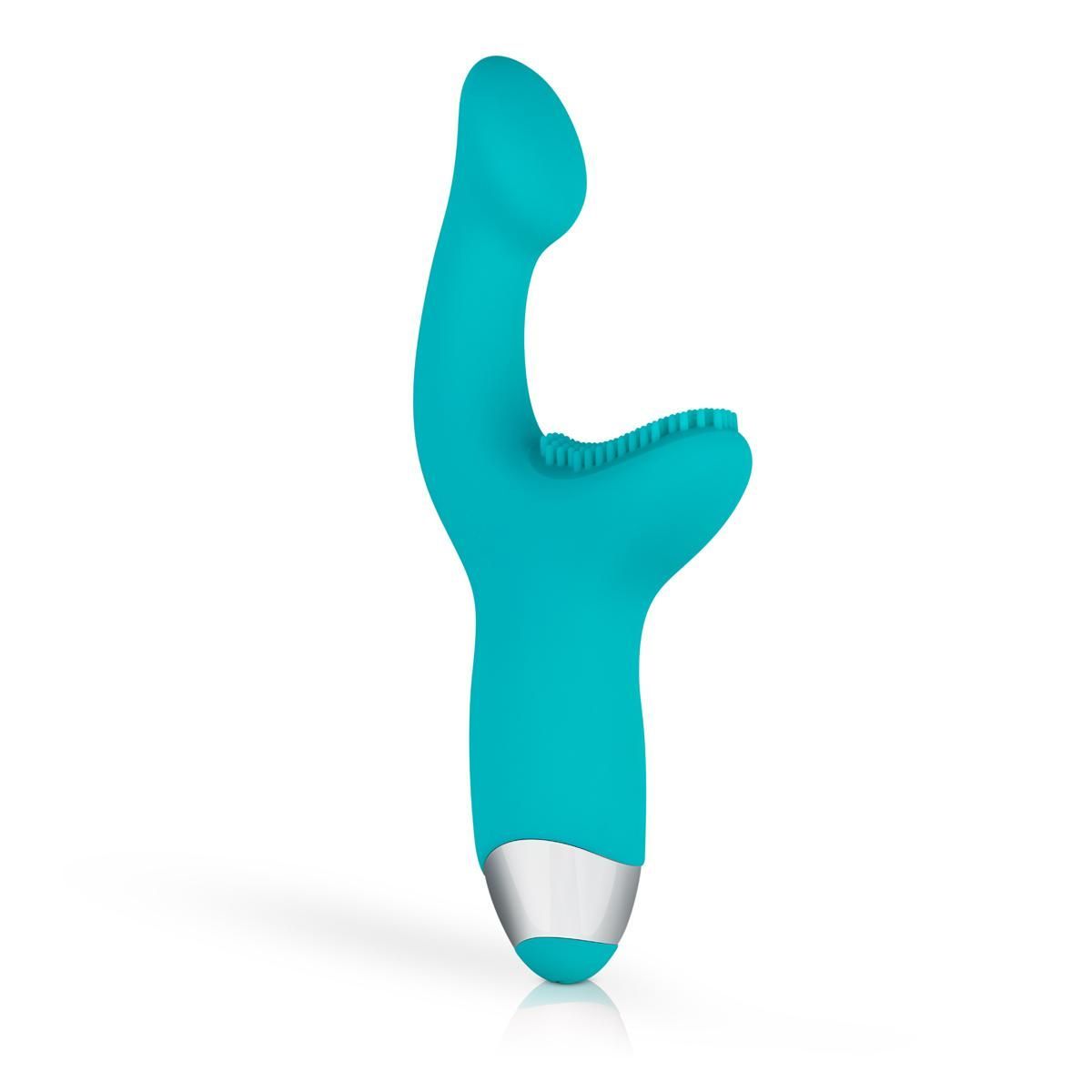 Turquoise vibrator met gebogen vorm en zilverkleurig uiteinde. De kop heeft een gestructureerd oppervlak.