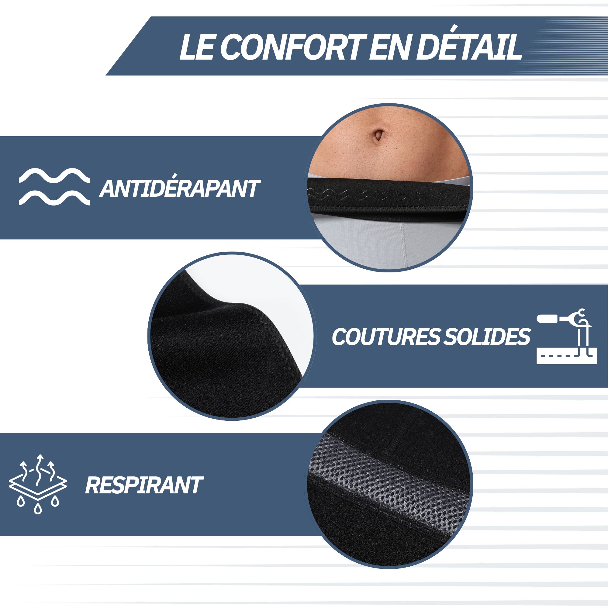 Tissu de bandage noir avec coutures et motif en maille respirante.