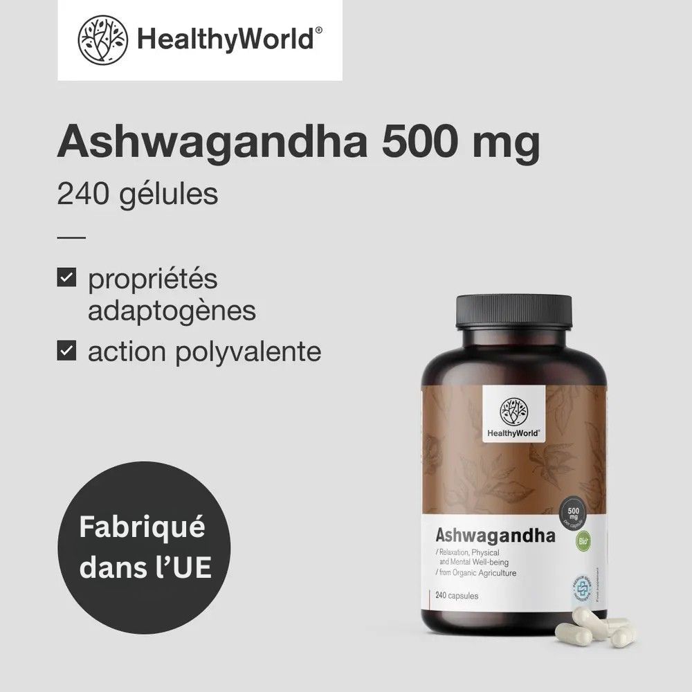 Publicité pour Ashwagandha 500 mg, 240 capsules. Femme méditant. Texte : Faites confiance à la sagesse ancestrale de l'Ayurveda.