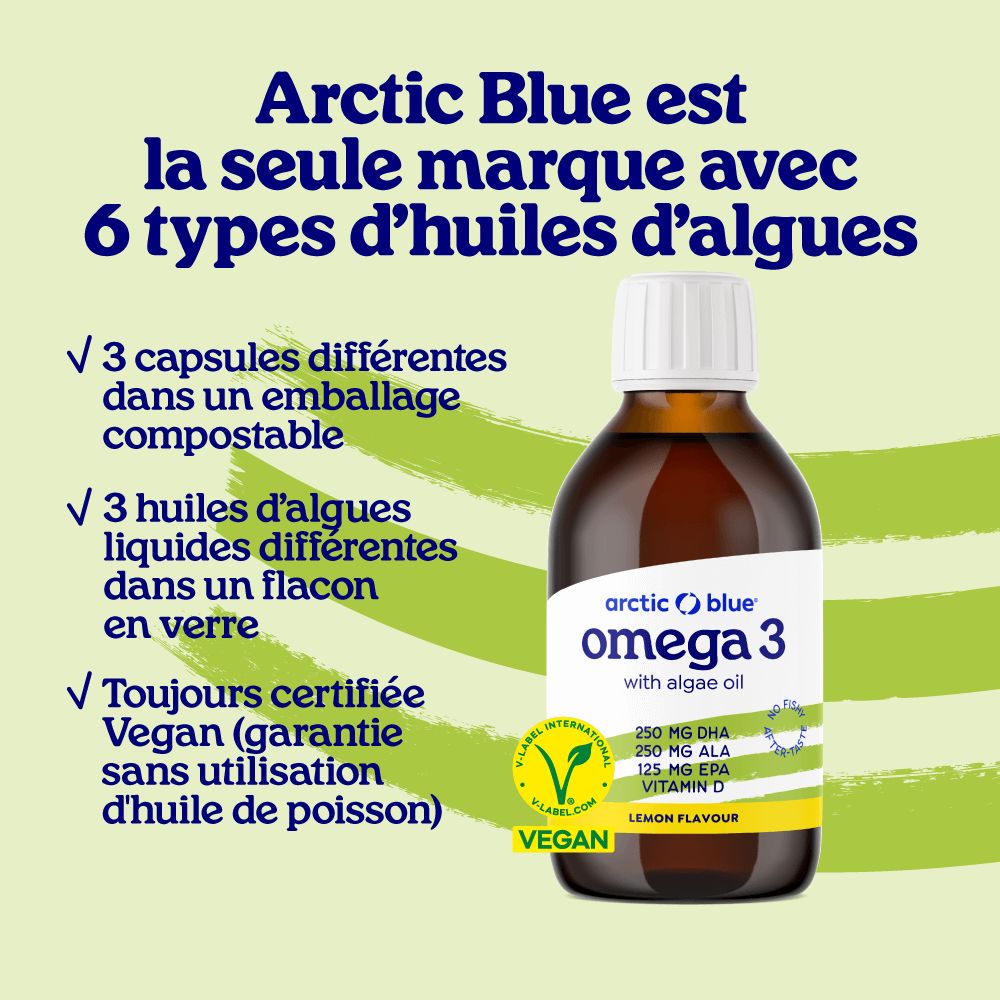 Bouteille d'huile d'algues Oméga 3 saveur citron, label V-Label Vegan et informations sur les ingrédients.