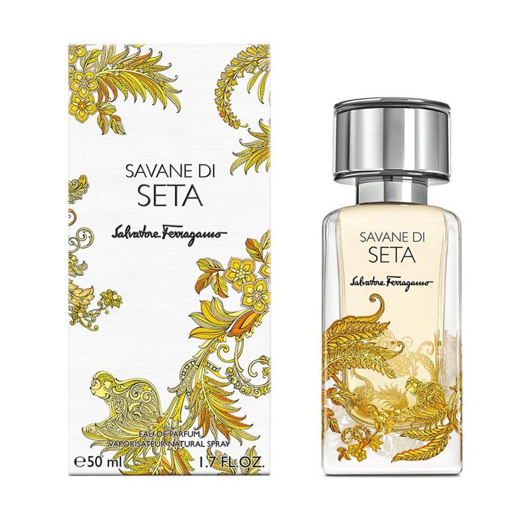 Flacon et emballage Salvatore Ferragamo Savane Di Seta Eau de Parfum avec décor doré.