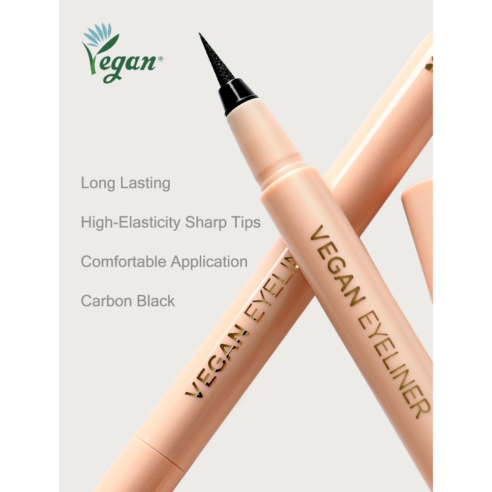 Beige eyeliner-pen met zwarte punt en verwijderde dop. Tekst: Vegan Eyeliner, Long Lasting, High-Elasticity Sharp Tips.