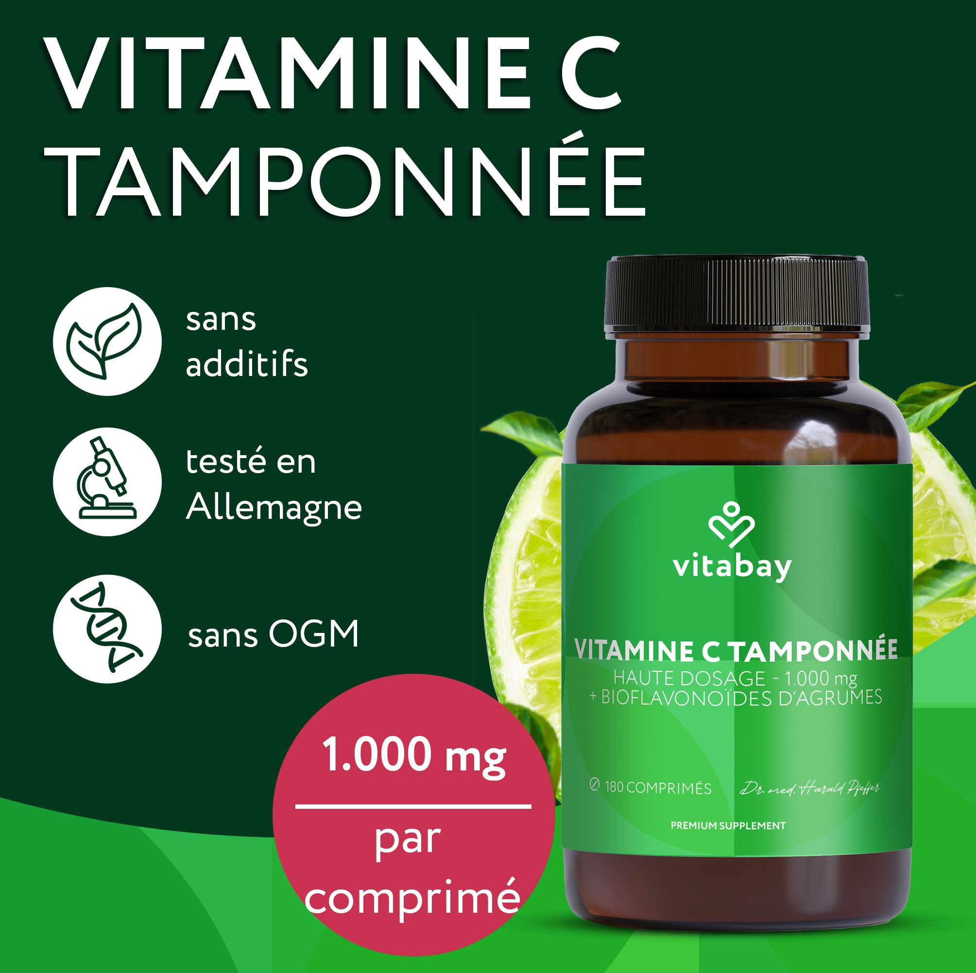 Bouteille Vitamine C Vitabay 1000 mg, verso avec tableau nutritionnel et sceaux.