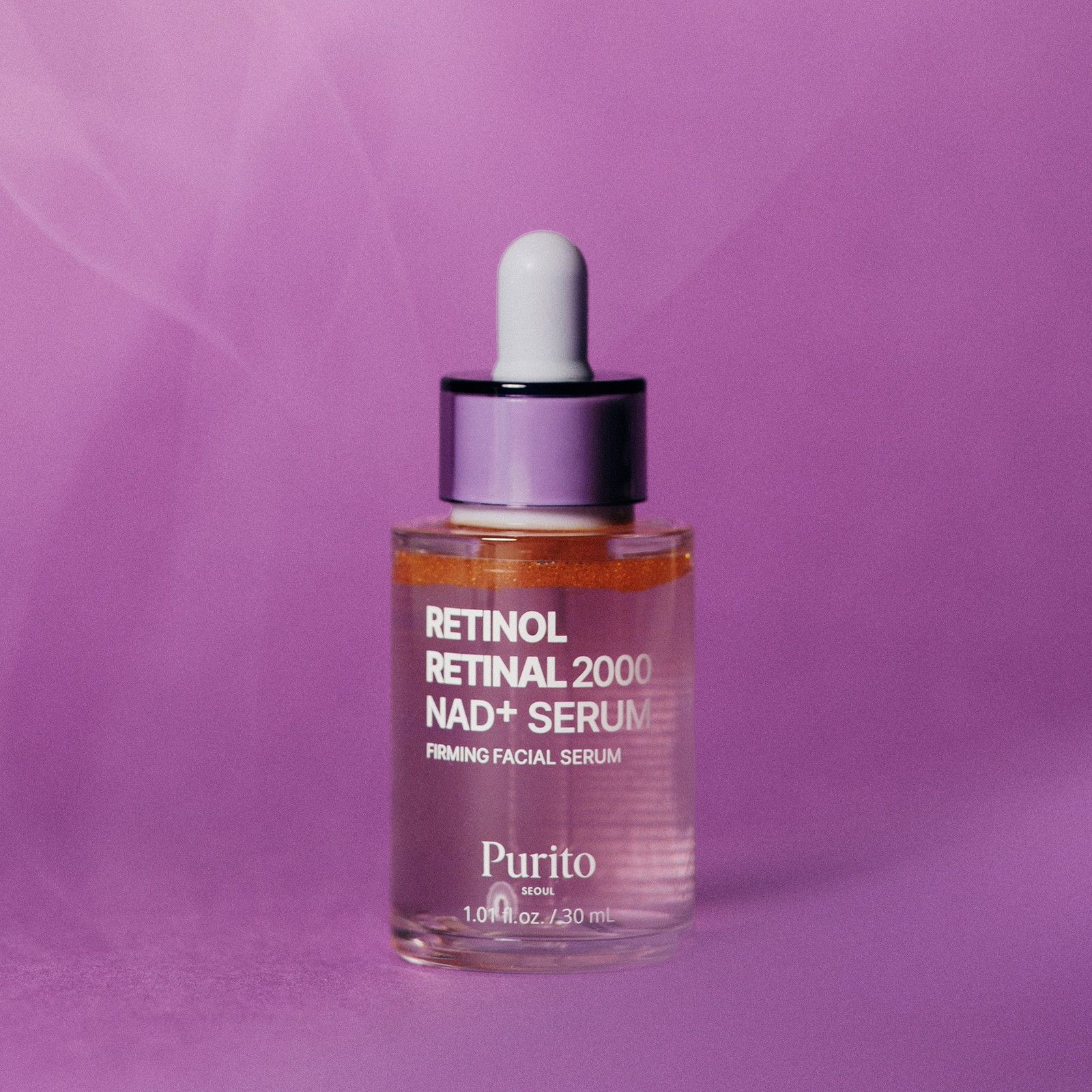 Sérum Purito Retinol Retinal 2000 NAD+ dans un flacon en verre avec pipette.