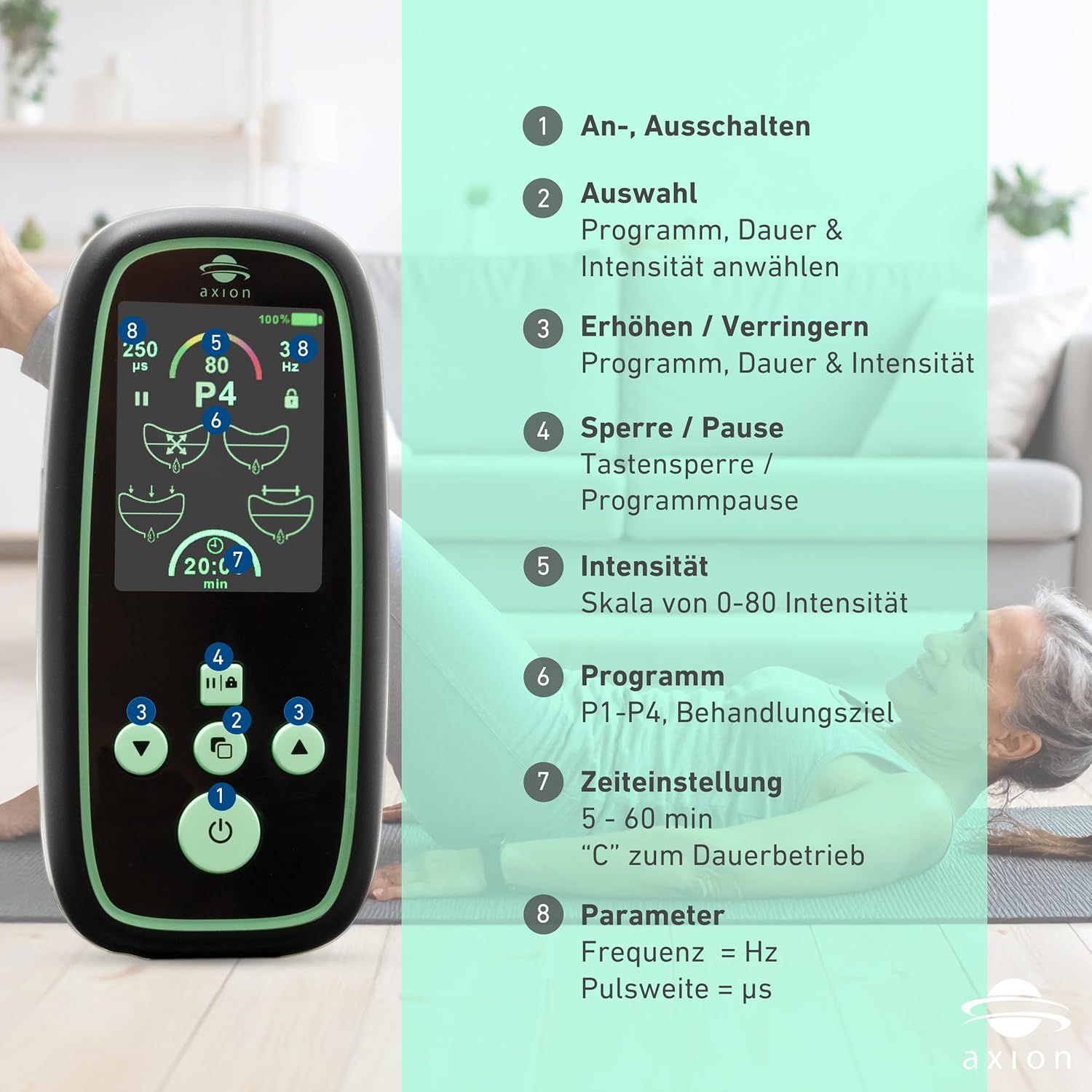 axion® I-3000 bekkenbodemtrainer met display en knoppen. Tekst met functies. Vrouw ligt op mat.