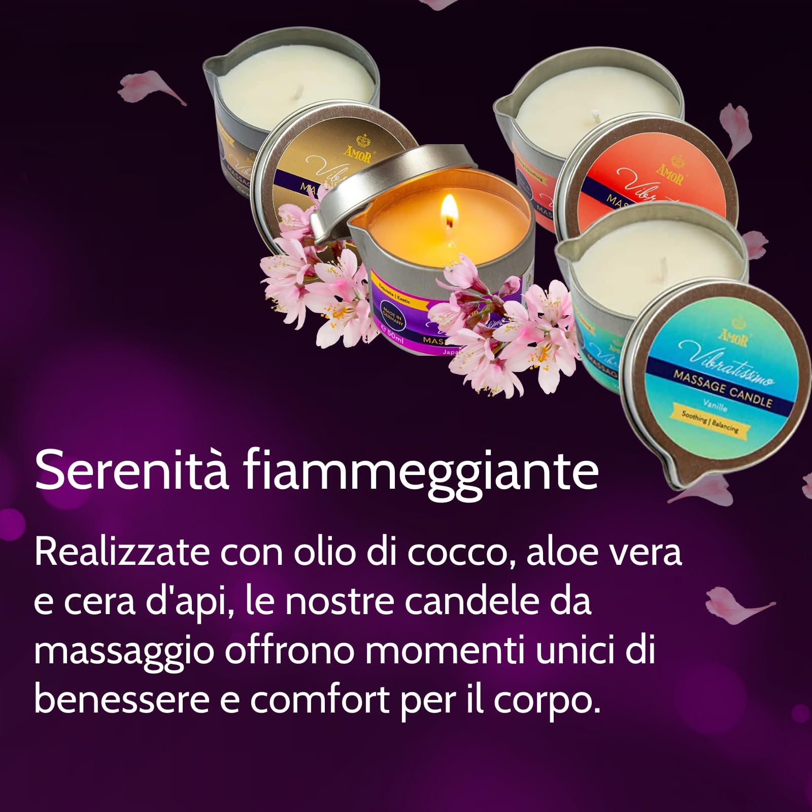 Meerdere Vibratissimo massagekaarsen, één brandend, versierd met bloemen.