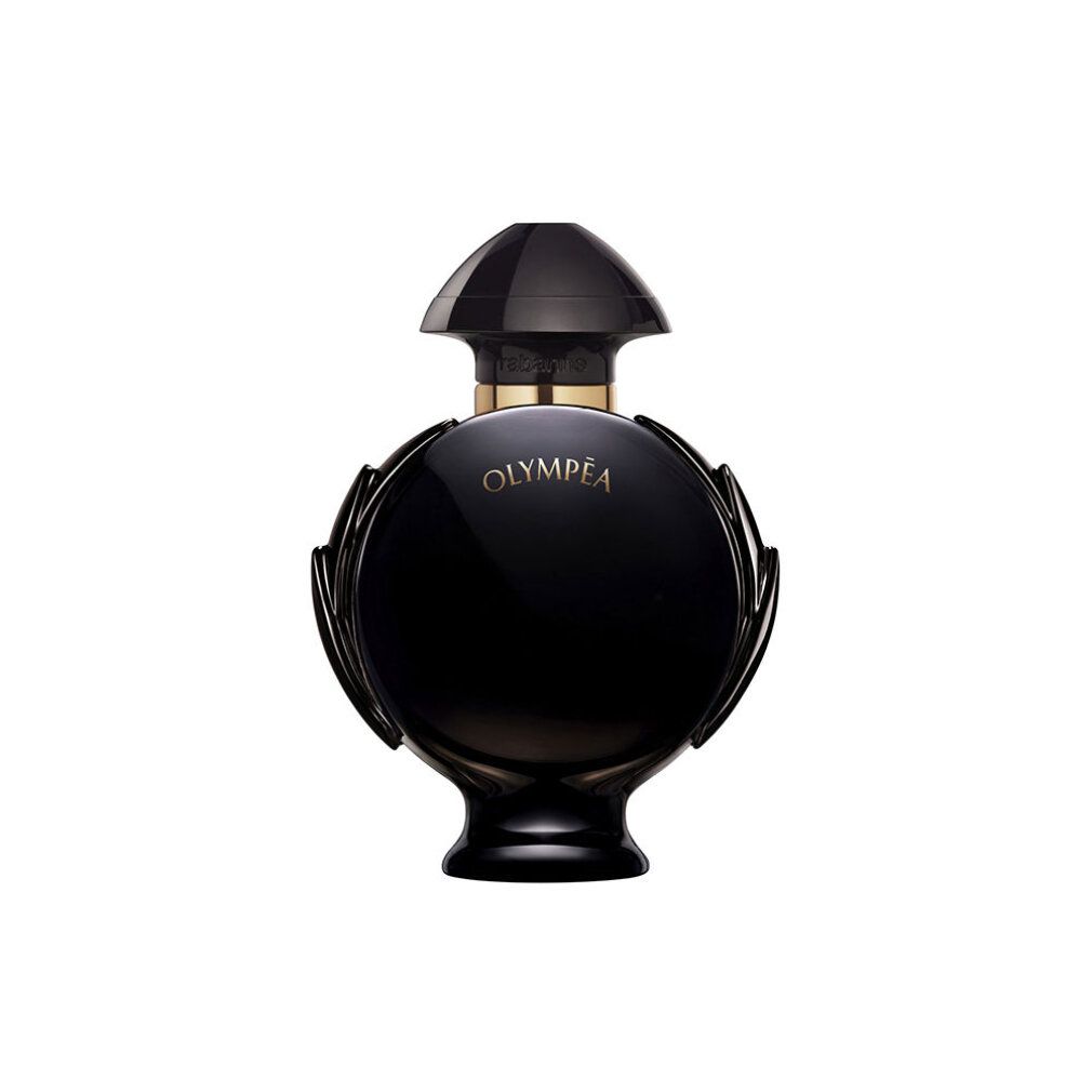 Flacon noir avec bouchon doré et inscription. Forme ronde avec éléments décoratifs.